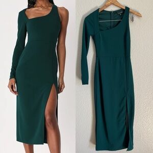NWOT Stunning Drama Emerald Green Asymmetrical Long Sleeve Midi Dress